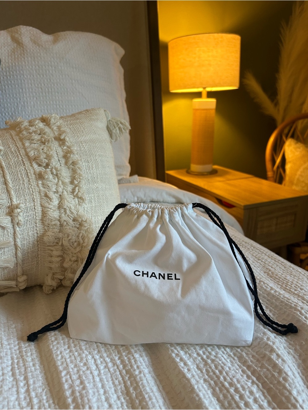 CHANEL White Drawstring Pouch with Black Cords